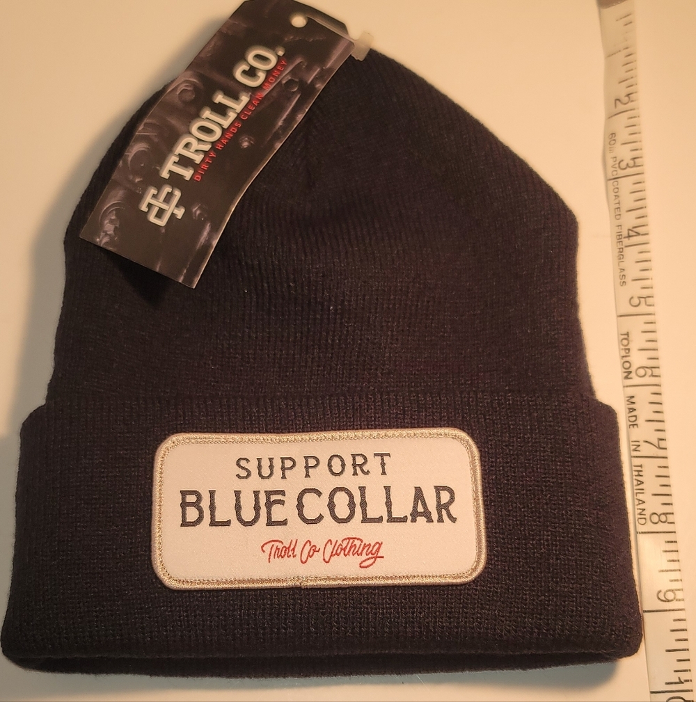 Troll Co. Barricade Beanie in Black Acrylic with a "Support Blue Collar" Patch